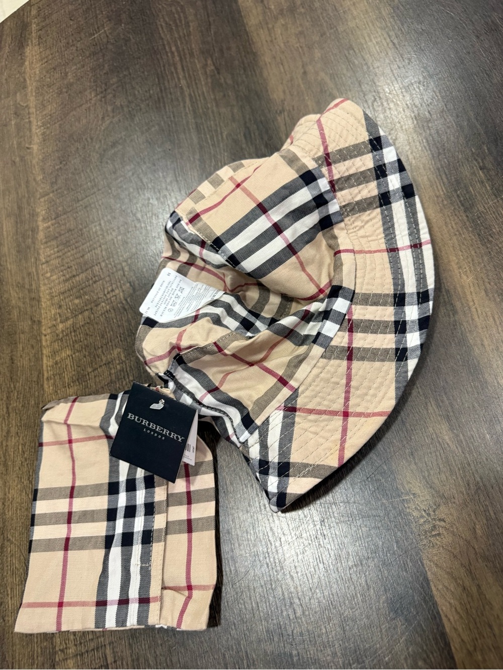Burberry Check Bucket Hat in Beige, Black & Red